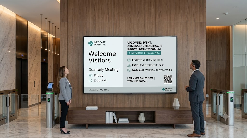 Performance dashboard TV display in a corporate office lobby