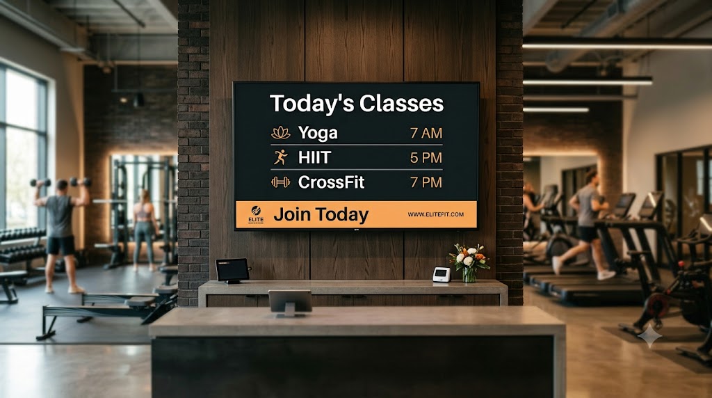 Class schedule timetable TV display in a gym lobby