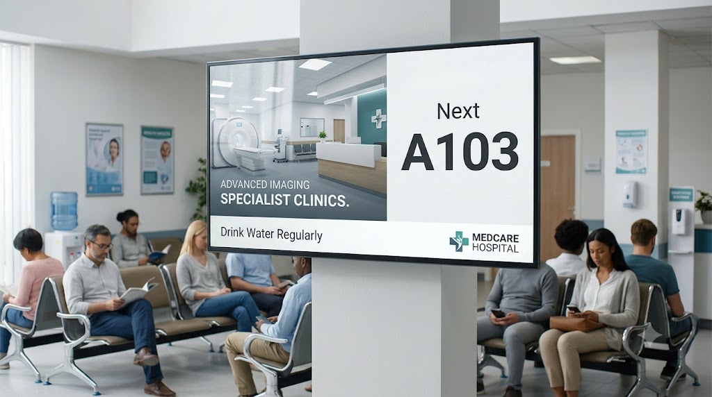 Clinical queue status display TV in a waiting room