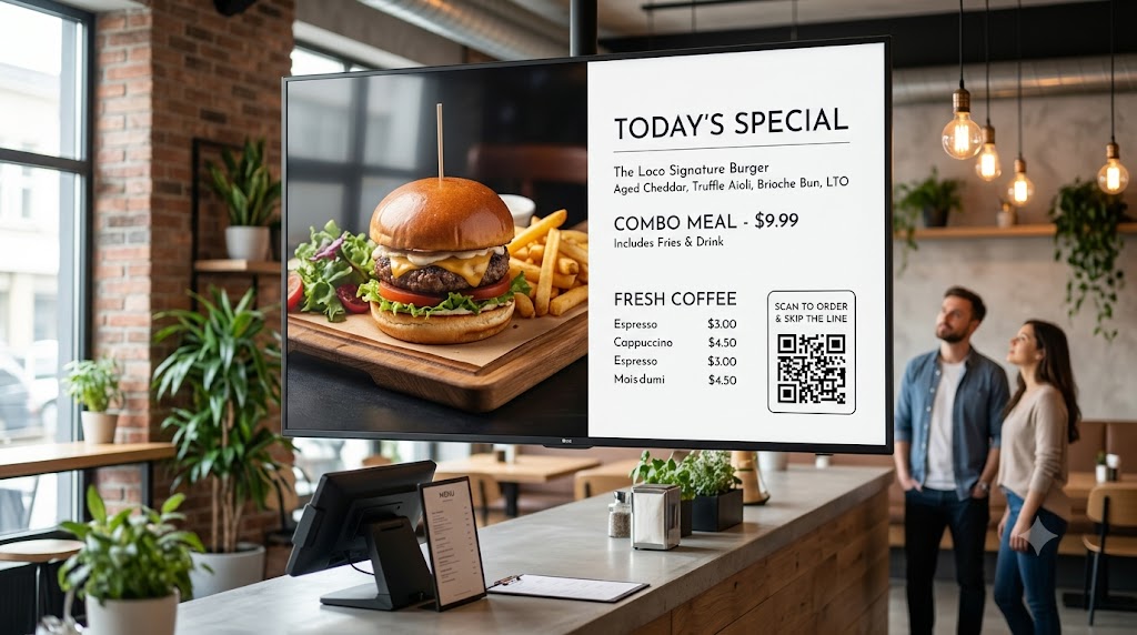 TV screen showing digital menu board Happy Hour Special in a restaurant