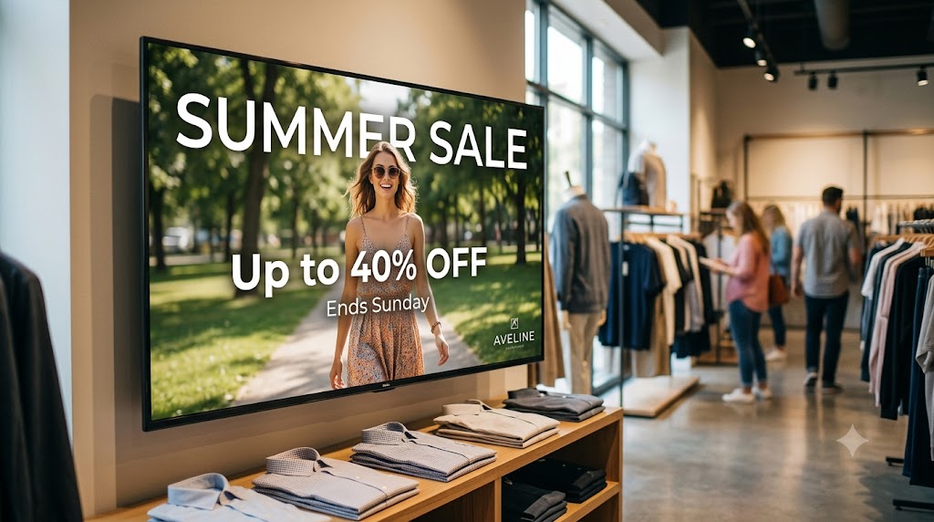 Promo display TV showing New Season Arrivals in a clothing store