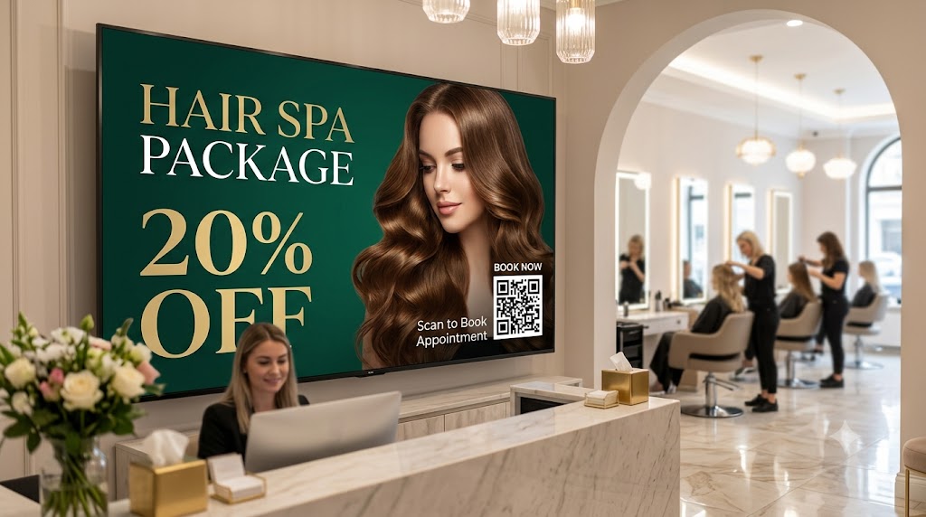 Salon pricing list TV display showing styling packages and treatments